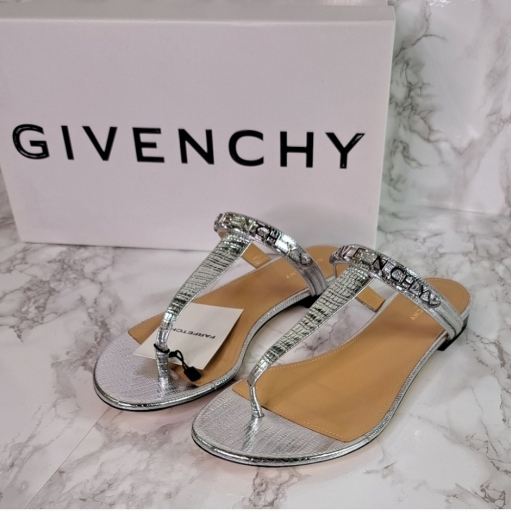 Givency Elba Lizard Embossed Silvery Metallic Leather Thong Sandals Size IT 38.5
